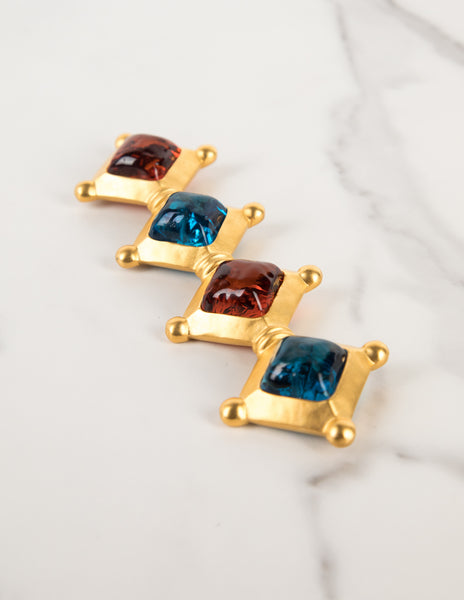 Karl Lagerfeld Vintage Amber and Blue Gripoix Golden Long Brooch