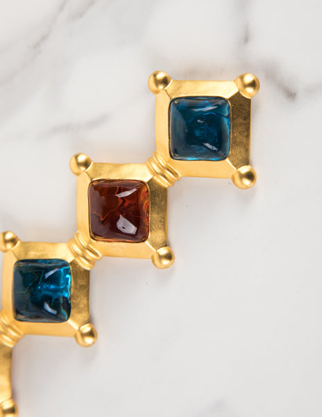 Karl Lagerfeld Vintage Amber and Blue Gripoix Golden Long Brooch