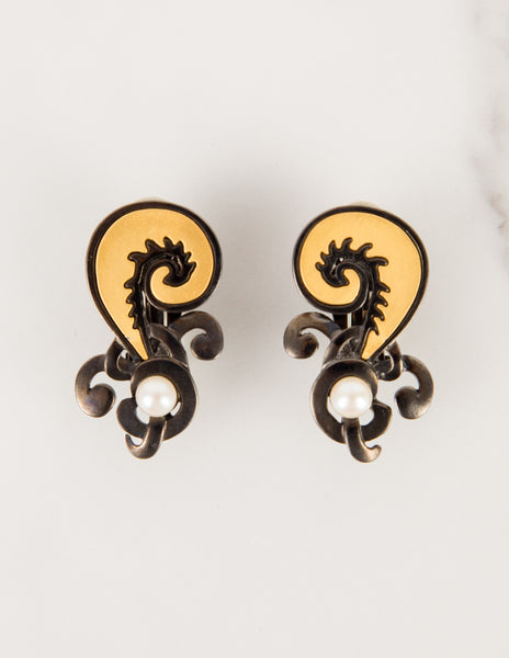 Karl Lagerfeld Vintage Gold and Gunmetal Feather Pearl Question Mark Earrings