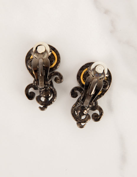 Karl Lagerfeld Vintage Gold and Gunmetal Feather Pearl Question Mark Earrings