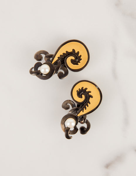 Karl Lagerfeld Vintage Gold and Gunmetal Feather Pearl Question Mark Earrings