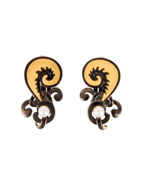 Karl Lagerfeld Vintage Gold and Gunmetal Feather Pearl Question Mark Earrings