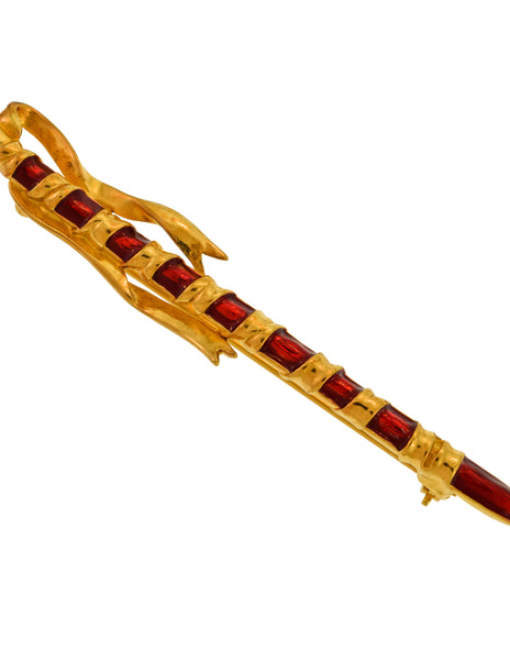 Karl Lagerfeld Vintage Gold and Red Enamel Figural Rake Brooch Pin