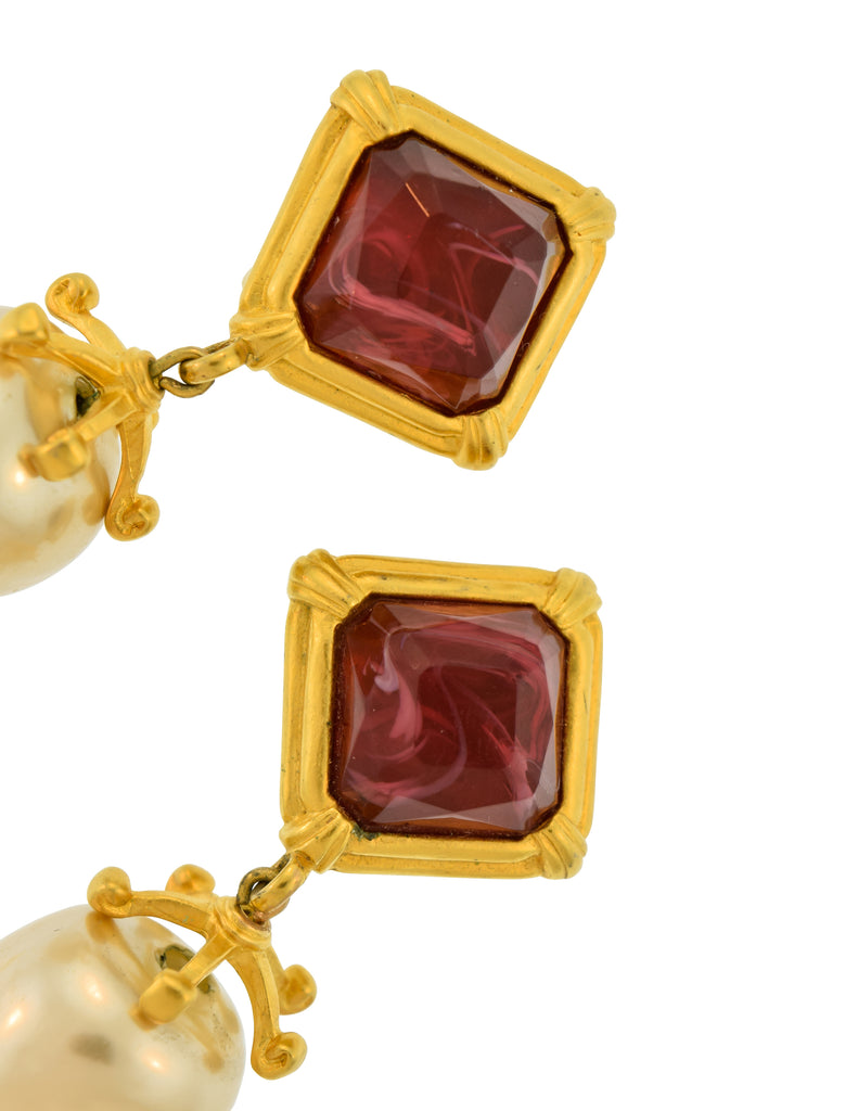 Karl Lagerfeld Vintage Brushed Gold Marbled Red Glass Dangling