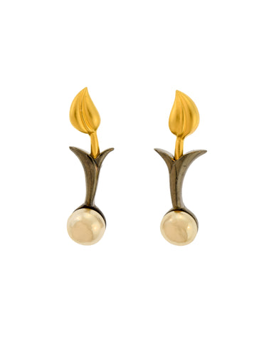 Karl Lagerfeld Vintage Brushed Gold and Gunmetal Leaf and Pearl Earrings