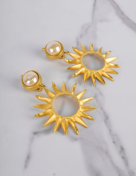 Karl Lagerfeld Vintage Massive Baroque Pearl and Sunburst Golden Statement Earrings