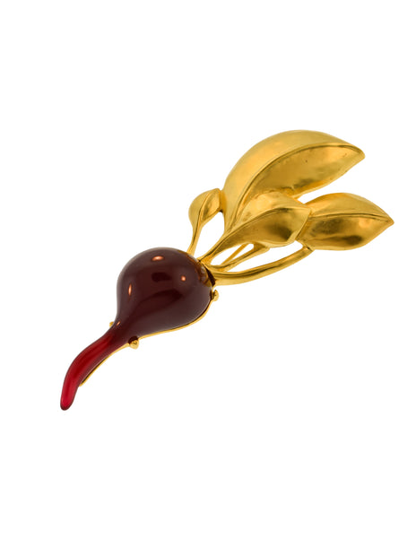 Karl Lagerfeld Vintage Large Brushed Gold and Red Resin Beet Vegetable Brooch Pin