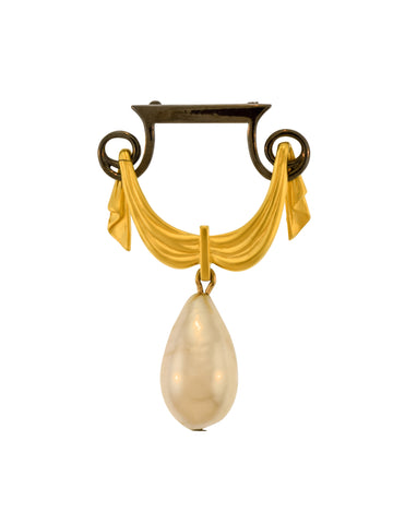 Karl Lagerfeld Vintage Brushed Gold and Gunmetal Curtain Valance Dangling Pearl Brooch Pin