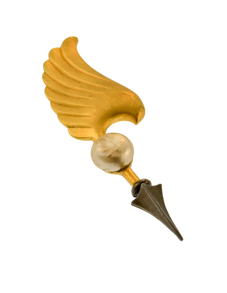 Karl Lagerfeld Vintage Brushed Gold and Gunmetal Baroque Pearl Cupid's Arrow and Wing Brooch Pin