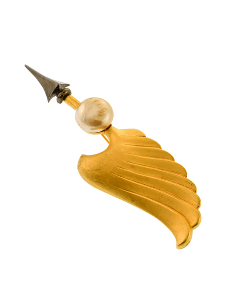 Karl Lagerfeld Vintage Brushed Gold and Gunmetal Baroque Pearl Cupid's Arrow and Wing Brooch Pin