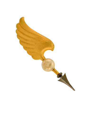 Karl Lagerfeld Vintage Brushed Gold and Gunmetal Baroque Pearl Cupid's Arrow and Wing Brooch Pin