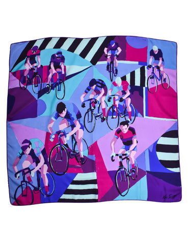 Ken Scott Vintage 1970s Bicyclist Sport Theme Vivid Graphic Silk Scarf