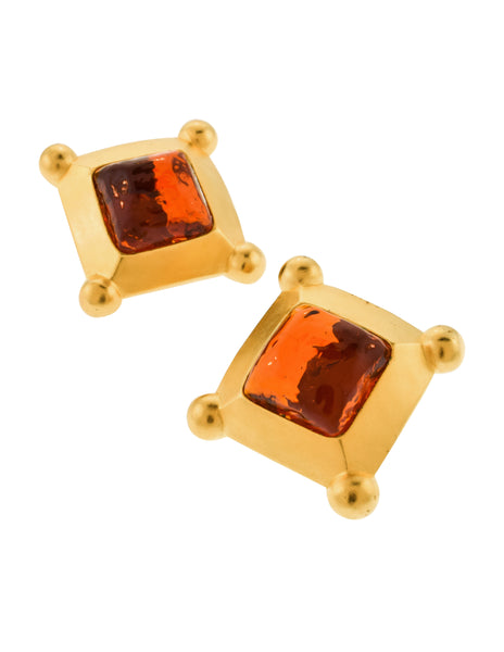 Karl Lagerfeld Vintage Oversized Golden Framed Amber Gripoix Glass Earrings