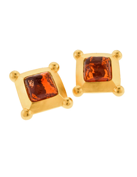 Karl Lagerfeld Vintage Oversized Golden Framed Amber Gripoix Glass Earrings