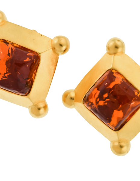 Karl Lagerfeld Vintage Oversized Golden Framed Amber Gripoix Glass Earrings