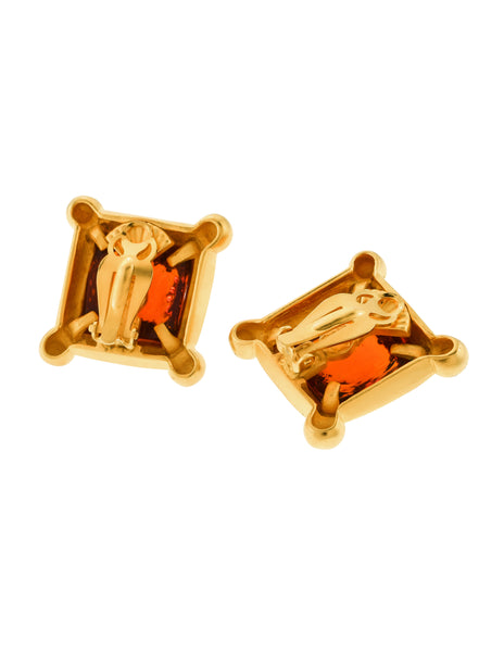 Karl Lagerfeld Vintage Oversized Golden Framed Amber Gripoix Glass Earrings