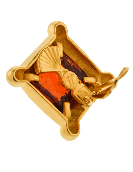 Karl Lagerfeld Vintage Oversized Golden Framed Amber Gripoix Glass Earrings