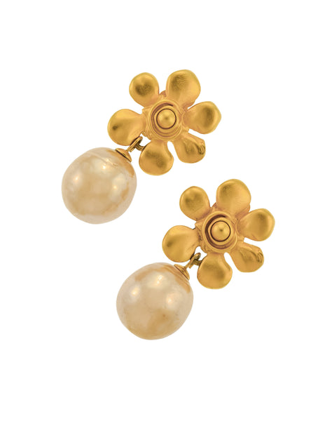 Karl Lagerfeld Vintage SS 1991 Golden Flower and Dangling Baroque Pearl Earrings