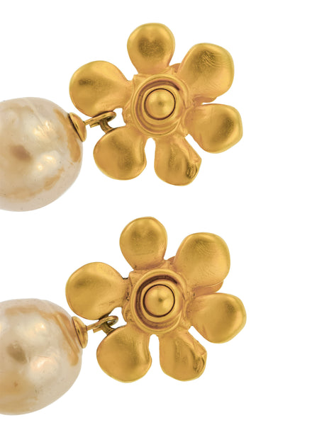 Karl Lagerfeld Vintage SS 1991 Golden Flower and Dangling Baroque Pearl Earrings