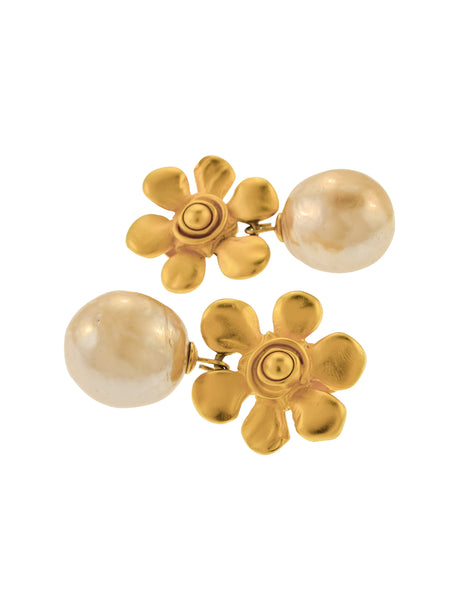 Karl Lagerfeld Vintage SS 1991 Golden Flower and Dangling Baroque Pearl Earrings