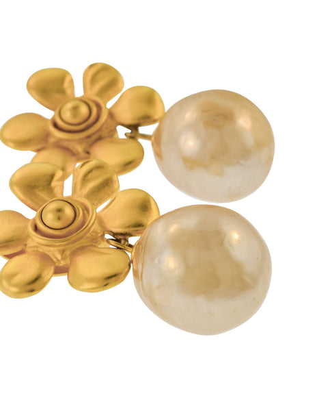 Karl Lagerfeld Vintage SS 1991 Golden Flower and Dangling Baroque Pearl Earrings