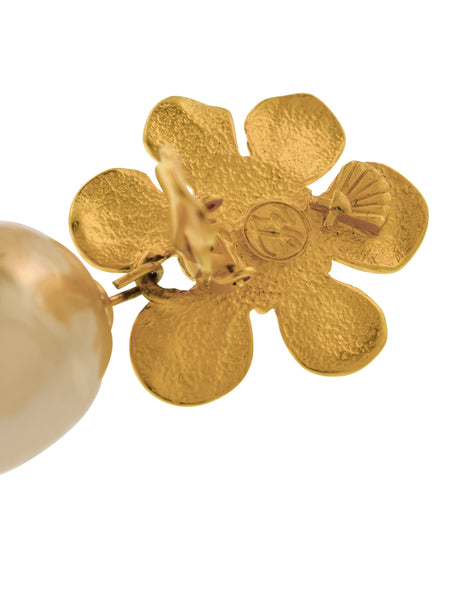 Karl Lagerfeld Vintage SS 1991 Golden Flower and Dangling Baroque Pearl Earrings