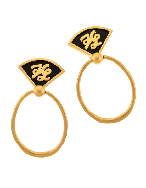 Karl Lagerfeld Vintage 1990s Massive Golden Satin Black Enamel Logo Doorknocker Earrings