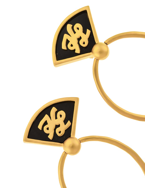 Karl Lagerfeld Vintage 1990s Massive Golden Satin Black Enamel Logo Doorknocker Earrings