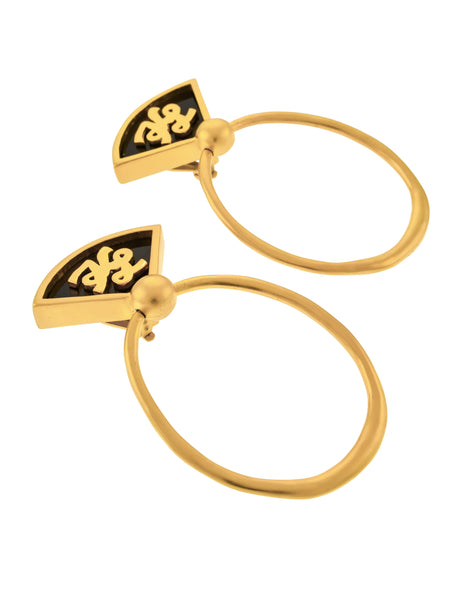 Karl Lagerfeld Vintage 1990s Massive Golden Satin Black Enamel Logo Doorknocker Earrings
