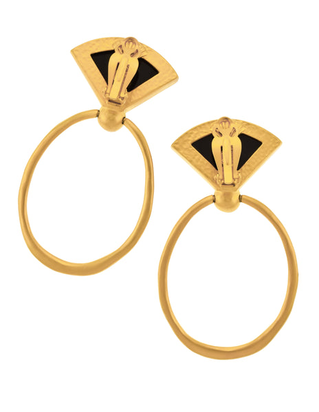 Karl Lagerfeld Vintage 1990s Massive Golden Satin Black Enamel Logo Doorknocker Earrings
