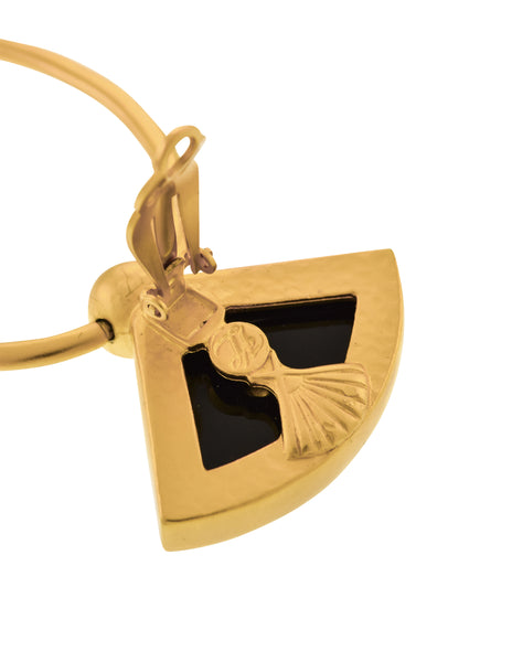Karl Lagerfeld Vintage 1990s Massive Golden Satin Black Enamel Logo Doorknocker Earrings