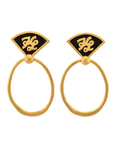 Karl Lagerfeld Vintage 1990s Massive Golden Satin Black Enamel Logo Doorknocker Earrings