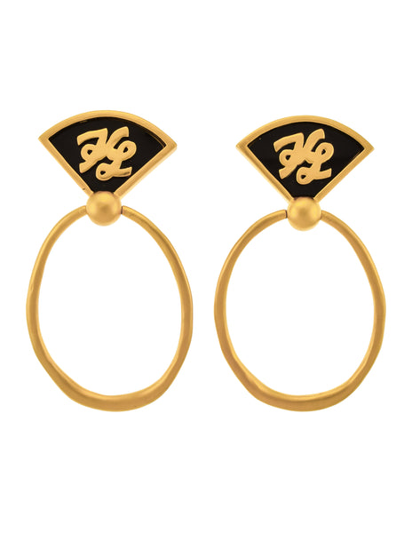 Karl Lagerfeld Vintage 1990s Massive Golden Satin Black Enamel Logo Doorknocker Earrings