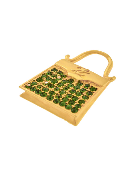 Karl Lagerfeld Vintage Golden Green Rhinestone Handbag Brooch