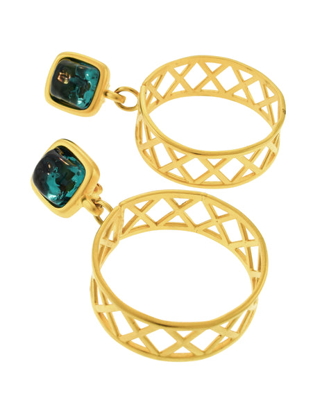 Karl Lagerfeld Vintage Gigantic Teal Gripoix and Dangling Golden Lattice Hoop Earrings