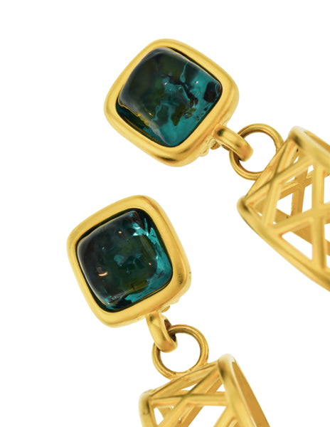 Karl Lagerfeld Vintage Gigantic Teal Gripoix and Dangling Golden Lattice Hoop Earrings