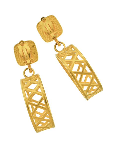 Karl Lagerfeld Vintage Gigantic Teal Gripoix and Dangling Golden Lattice Hoop Earrings