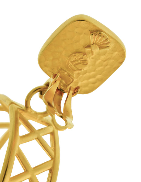 Karl Lagerfeld Vintage Gigantic Teal Gripoix and Dangling Golden Lattice Hoop Earrings