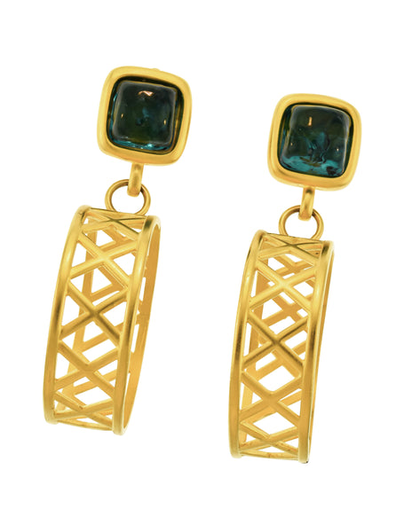 Karl Lagerfeld Vintage Gigantic Teal Gripoix and Dangling Golden Lattice Hoop Earrings