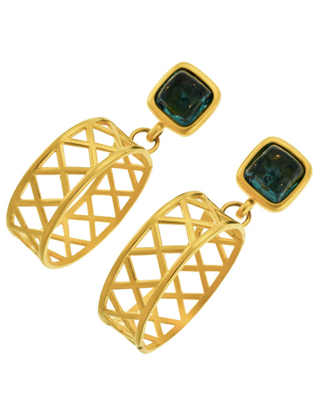 Karl Lagerfeld Vintage Gigantic Teal Gripoix and Dangling Golden Lattice Hoop Earrings