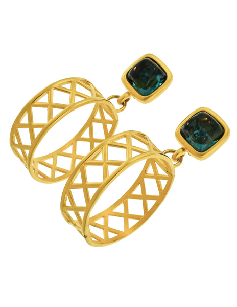 Karl Lagerfeld Vintage Gigantic Teal Gripoix and Dangling Golden Lattice Hoop Earrings