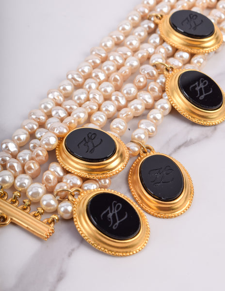 Karl Lagerfeld Vintage Incredible Multistrand Pearl and Dangling Cameo Bracelet