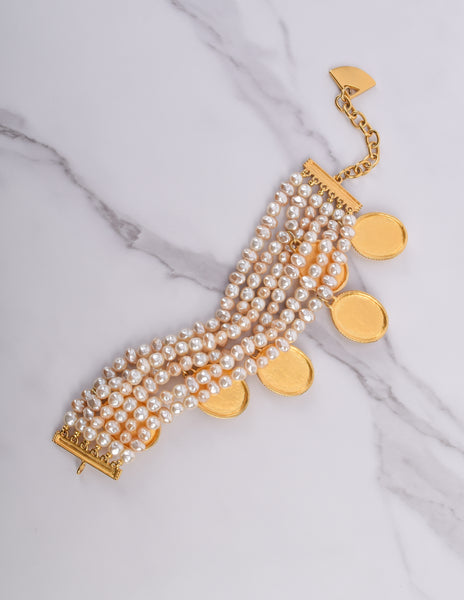 Karl Lagerfeld Vintage Incredible Multistrand Pearl and Dangling Cameo Bracelet