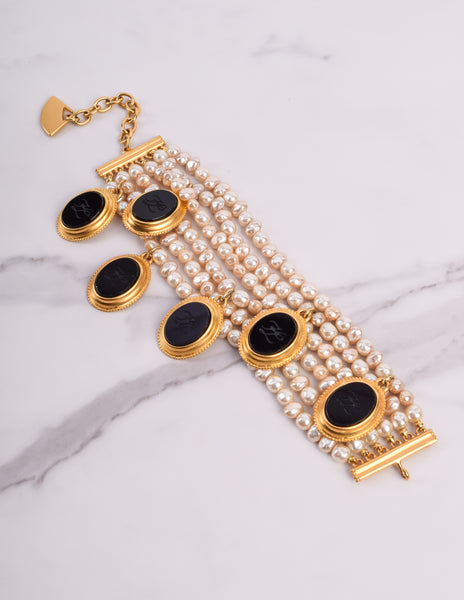Karl Lagerfeld Vintage Incredible Multistrand Pearl and Dangling Cameo Bracelet