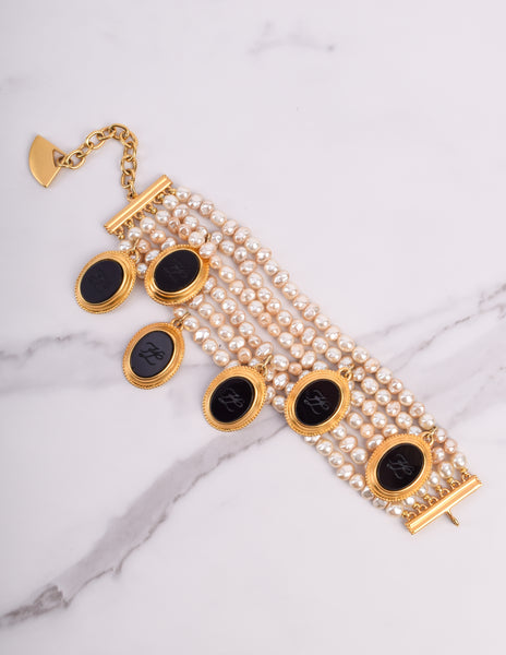 Karl Lagerfeld Vintage Incredible Multistrand Pearl and Dangling Cameo Bracelet