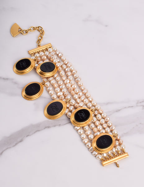 Karl Lagerfeld Vintage Incredible Multistrand Pearl and Dangling Cameo Bracelet
