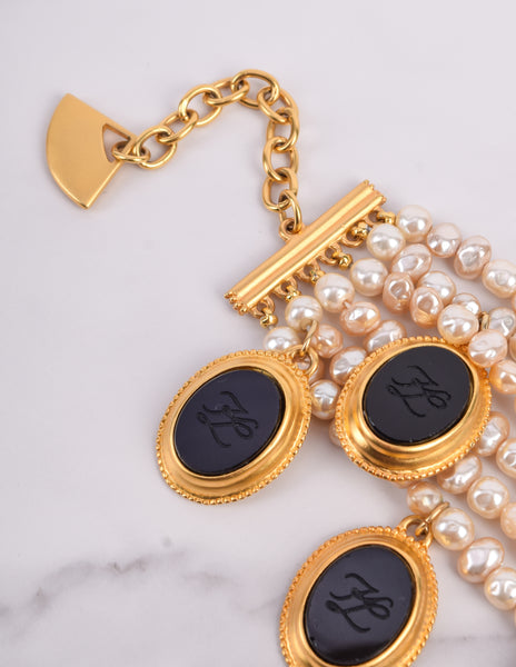 Karl Lagerfeld Vintage Incredible Multistrand Pearl and Dangling Cameo Bracelet