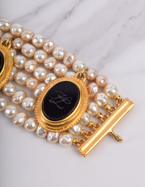Karl Lagerfeld Vintage Incredible Multistrand Pearl and Dangling Cameo Bracelet