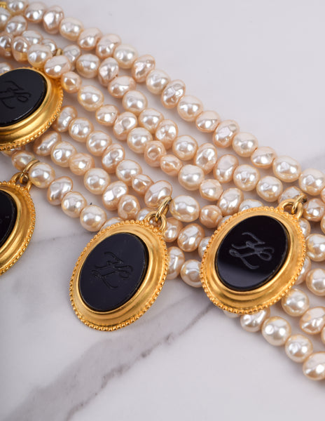 Karl Lagerfeld Vintage Incredible Multistrand Pearl and Dangling Cameo Bracelet