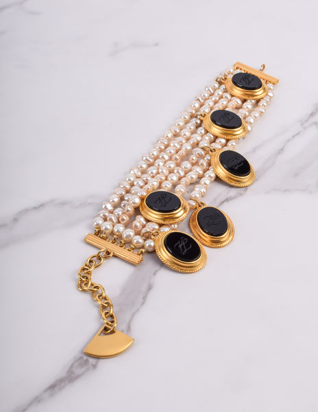 Karl Lagerfeld Vintage Incredible Multistrand Pearl and Dangling Cameo Bracelet